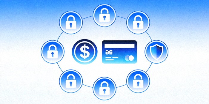 디지털 화폐와 신용카드 아이콘 주변에 자물쇠와 쉴드를 배치하여 안전한 결제 및 자금 관리를 상징하는 이미지