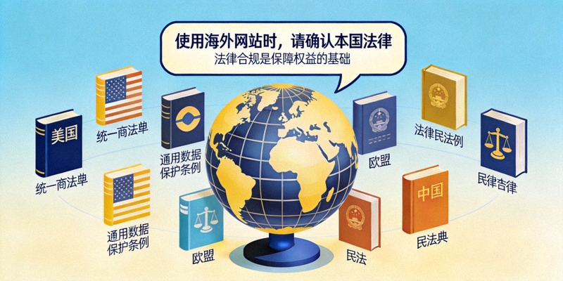 지구본과 다양한 국가 법전 아이콘을 배경으로, 해외 사이트 이용 시 본인 국가 법률 확인의 중요성을 강조하는 개념 이미지