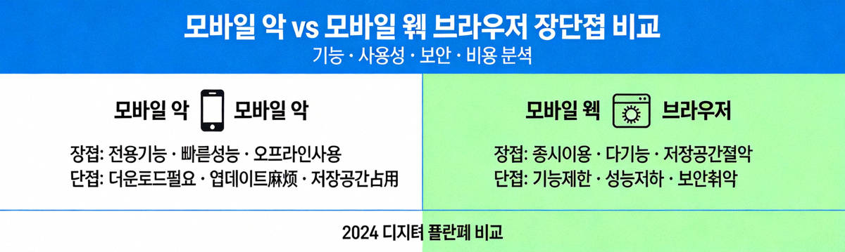 모바일 앱과 모바일 웹 브라우저의 장단점을 비교 분석하는 인포그래픽 형식의 배너 이미지