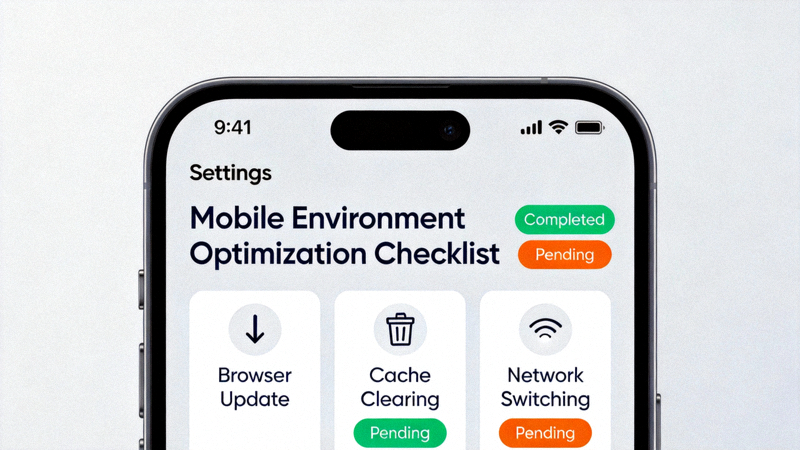 스마트폰 설정 메뉴에서 브라우저 업데이트, 캐시 정리, 네트워크 전환 등을 보여주는 모바일 환경 최적화 체크리스트 이미지